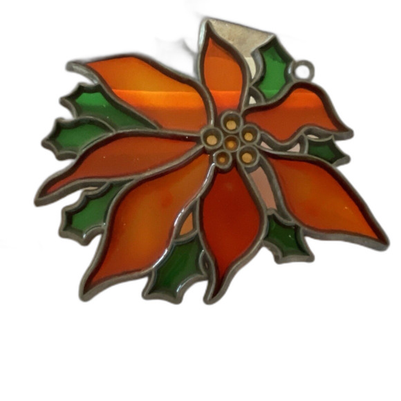 2 VINTAGE POINSETTIA STAINED Glass Style ORNAMENTS SUN CATCHERS  4" by 4.5" - Picture 2 of 3